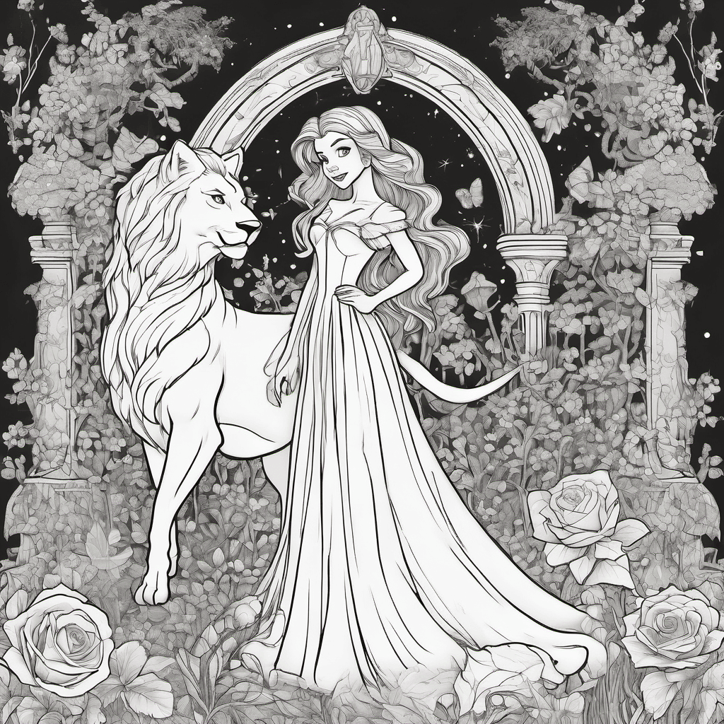 Create a detailed, original fairy-tale coloring page of a young girl in a flowin