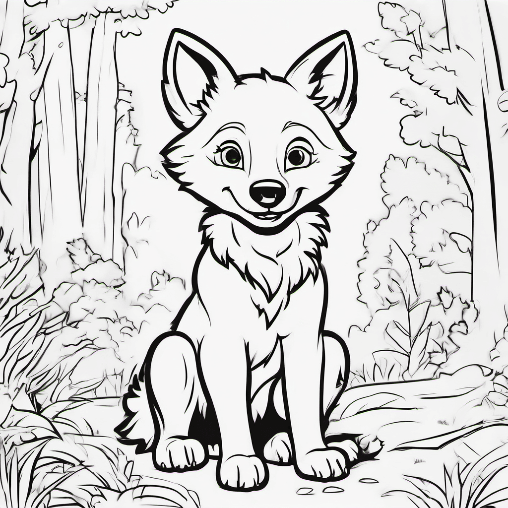 Cute baby wolf pup sitting happily in a simple forest clearing, fluffy fur, big