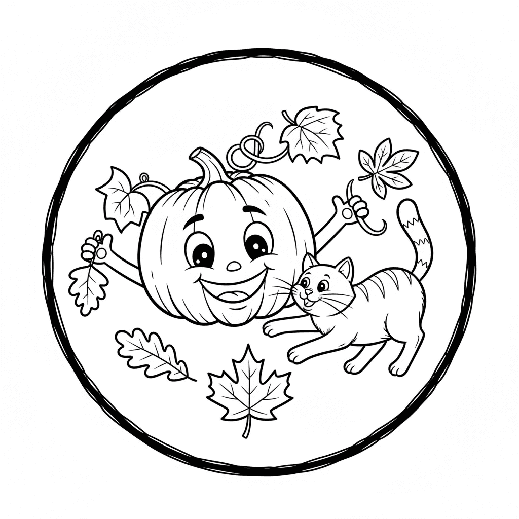 Simple pumpkin with a few fall leaves playing with a cat