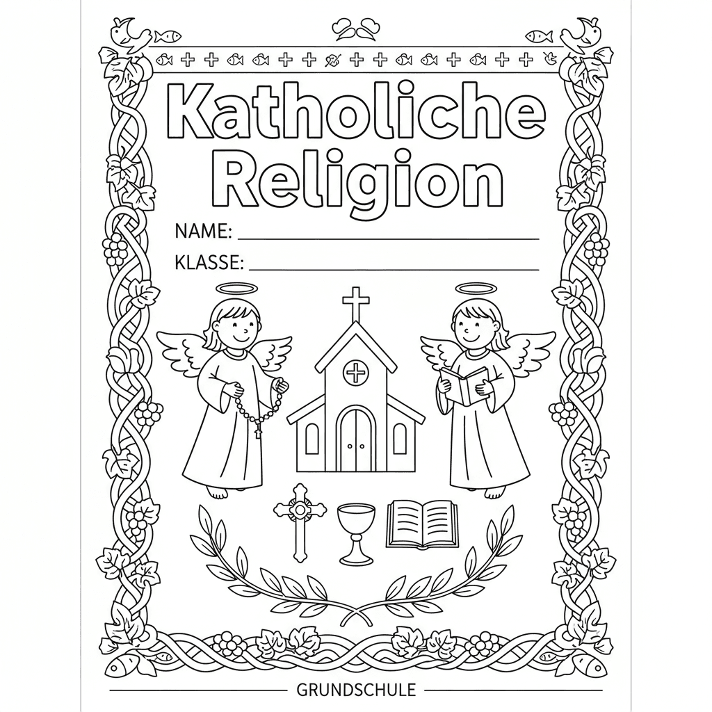 Erstelle ein Deckblatt für eine Religionsmappe, in der Kinder auch Name und Klas