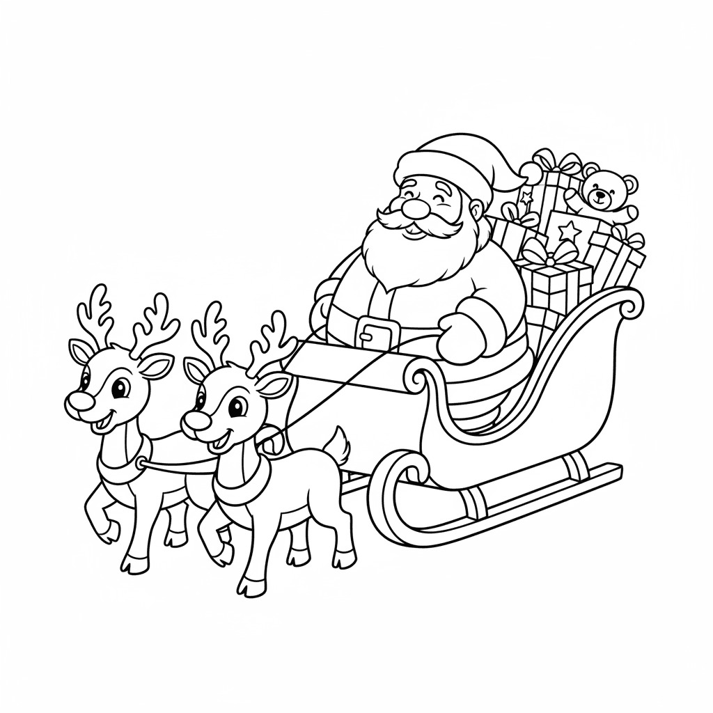 Cute Santa Claus sitting in a Christmas sleigh filled with presents, pulled by f
