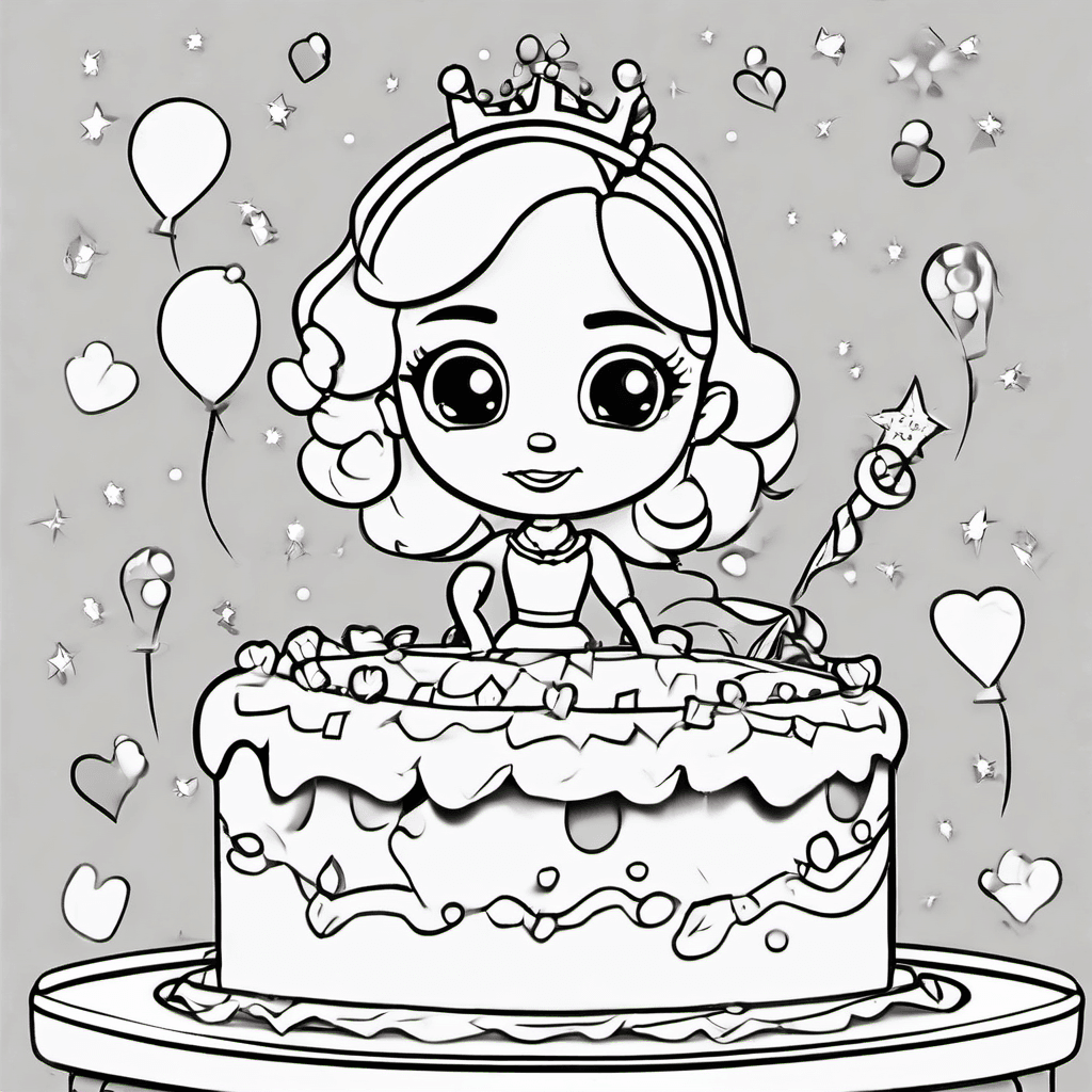 A Cartoon Princess with a birthday cake for a coloring page with bold outlines, 