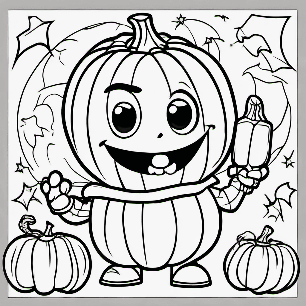 Cute little mummy waving beside a smiling pumpkin. Simple Halloween coloring pag
