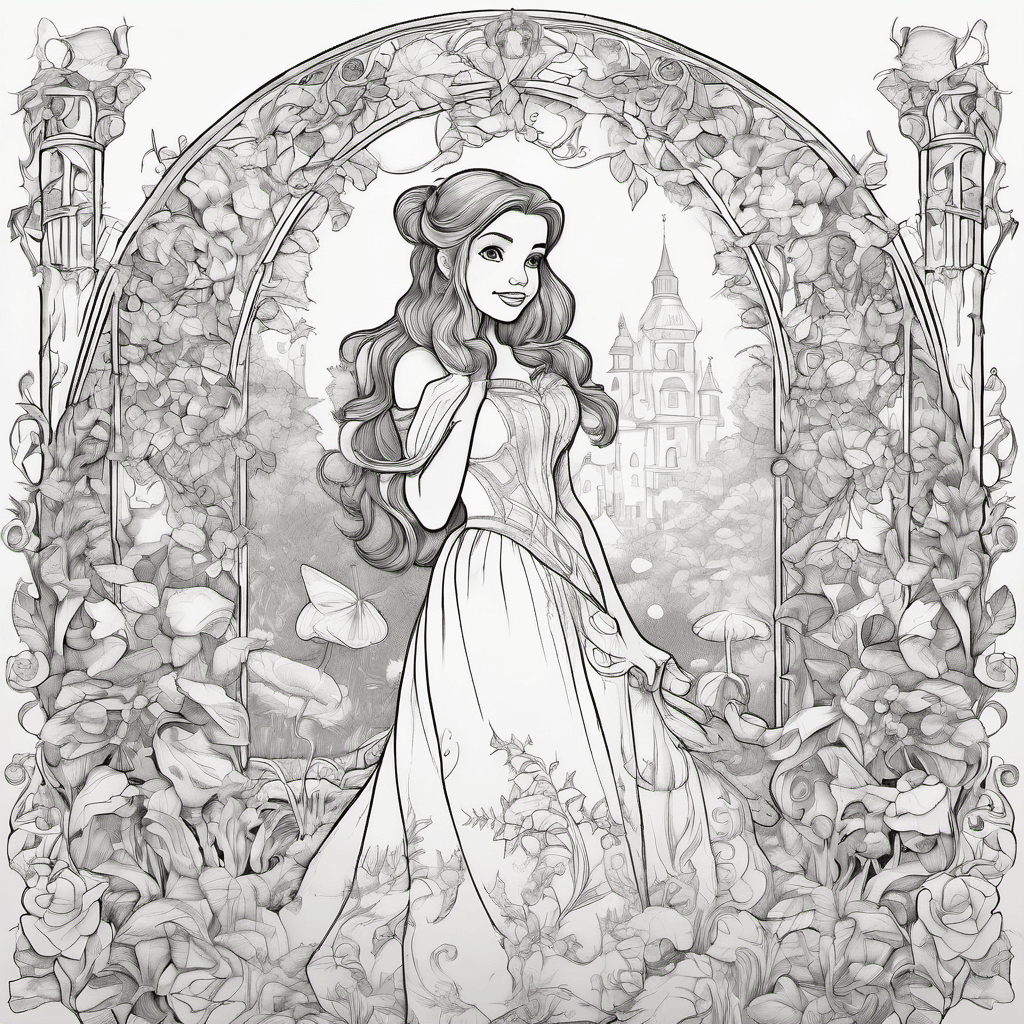 Create a detailed, original fairy-tale coloring page of a young girl in a flowin