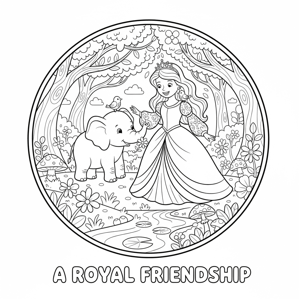 Princess playing with a baby elephant in the beautiful forest, children's colori