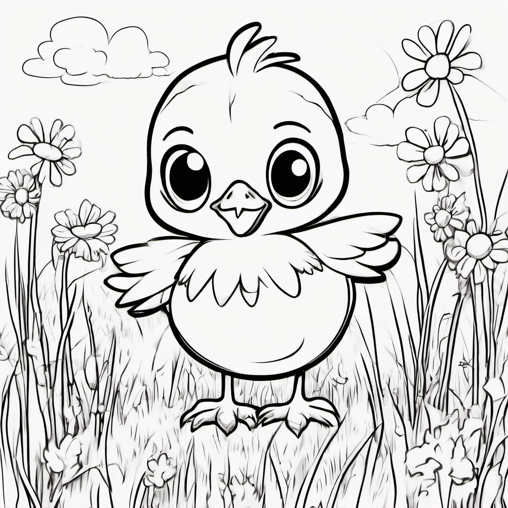Cute baby chick standing happily in a simple grassy meadow, fluffy round body, t