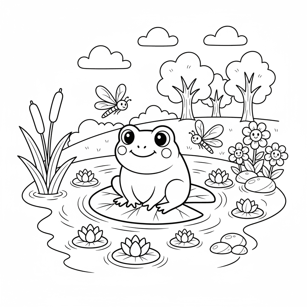Create a cute children's coloring book page featuring an adorable little frog si