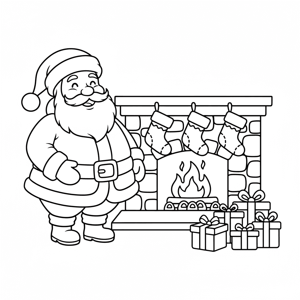 Cute Santa Claus standing beside a cozy fireplace with Christmas stockings and w