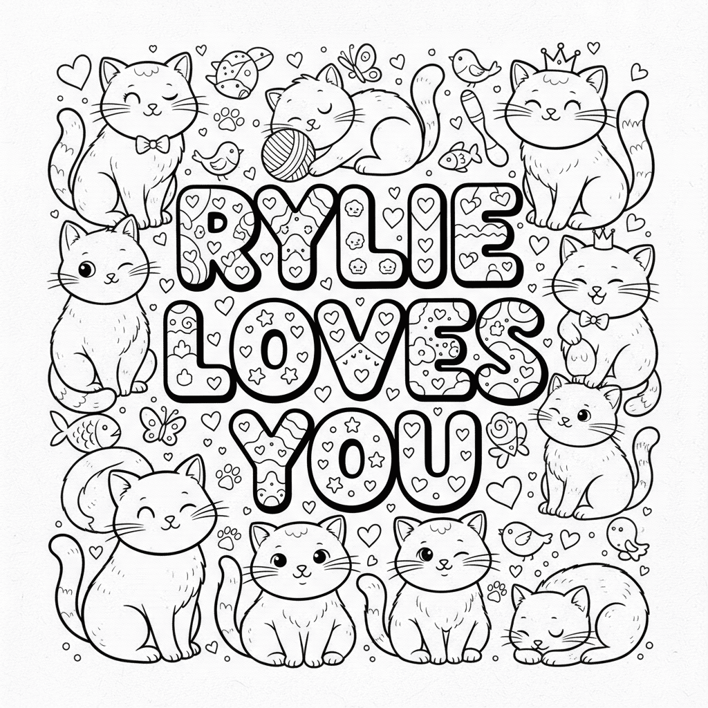 Can you draw me a cute picture to color that says Rylie loves you in bubble lett