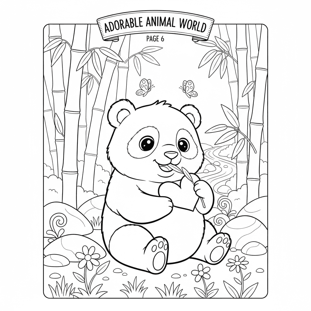 Create page 6 of a professional 20-page children's coloring book called 'Adorabl