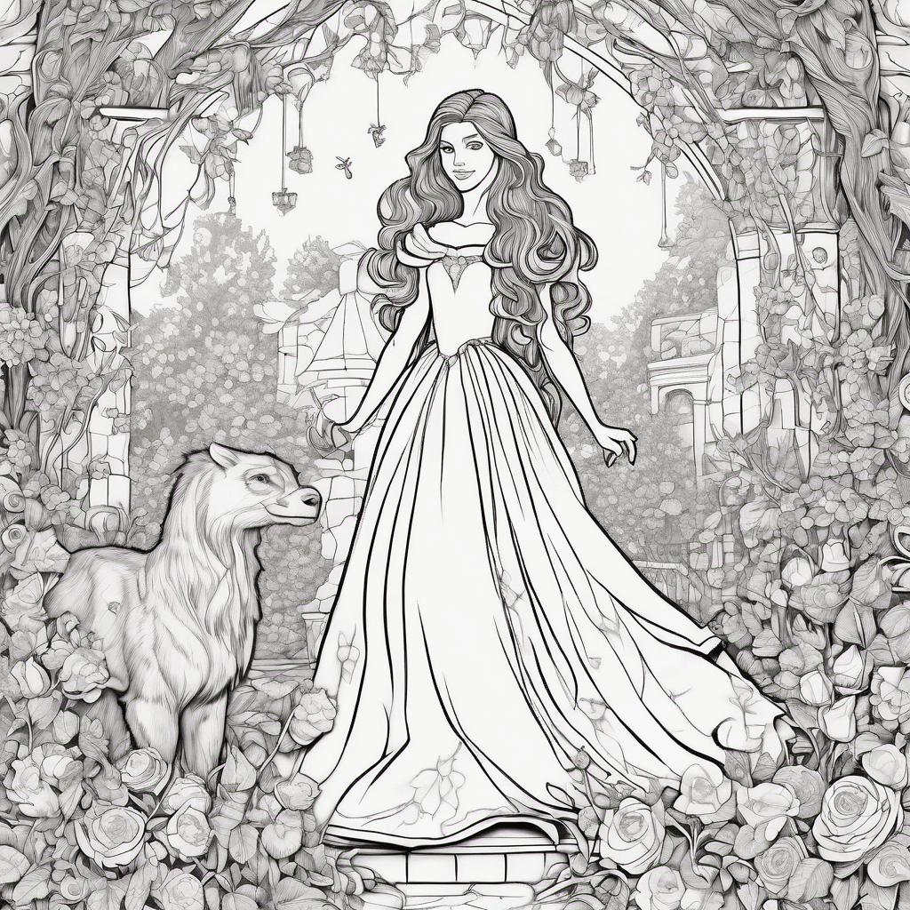 Create a detailed, original fairy-tale coloring page of a young girl in a flowin
