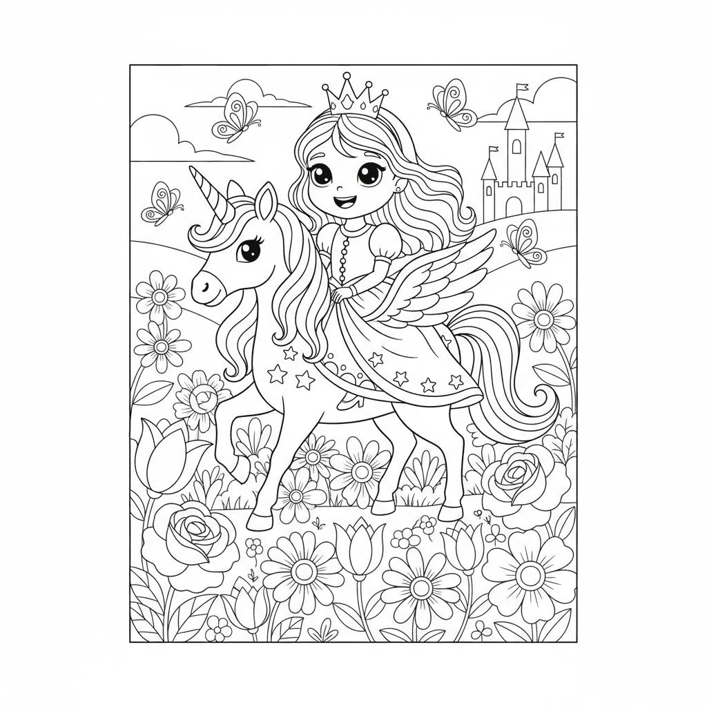 Cute little princess riding a magical unicorn through a flower garden, smiling h