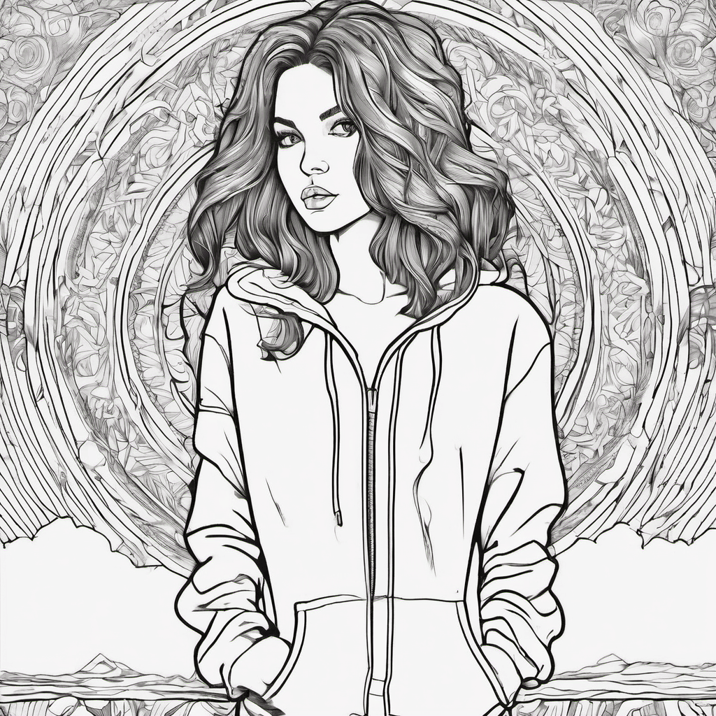 I want a girl that is wearing a shirt and a baggy zip up sweatshirt wearing bagg