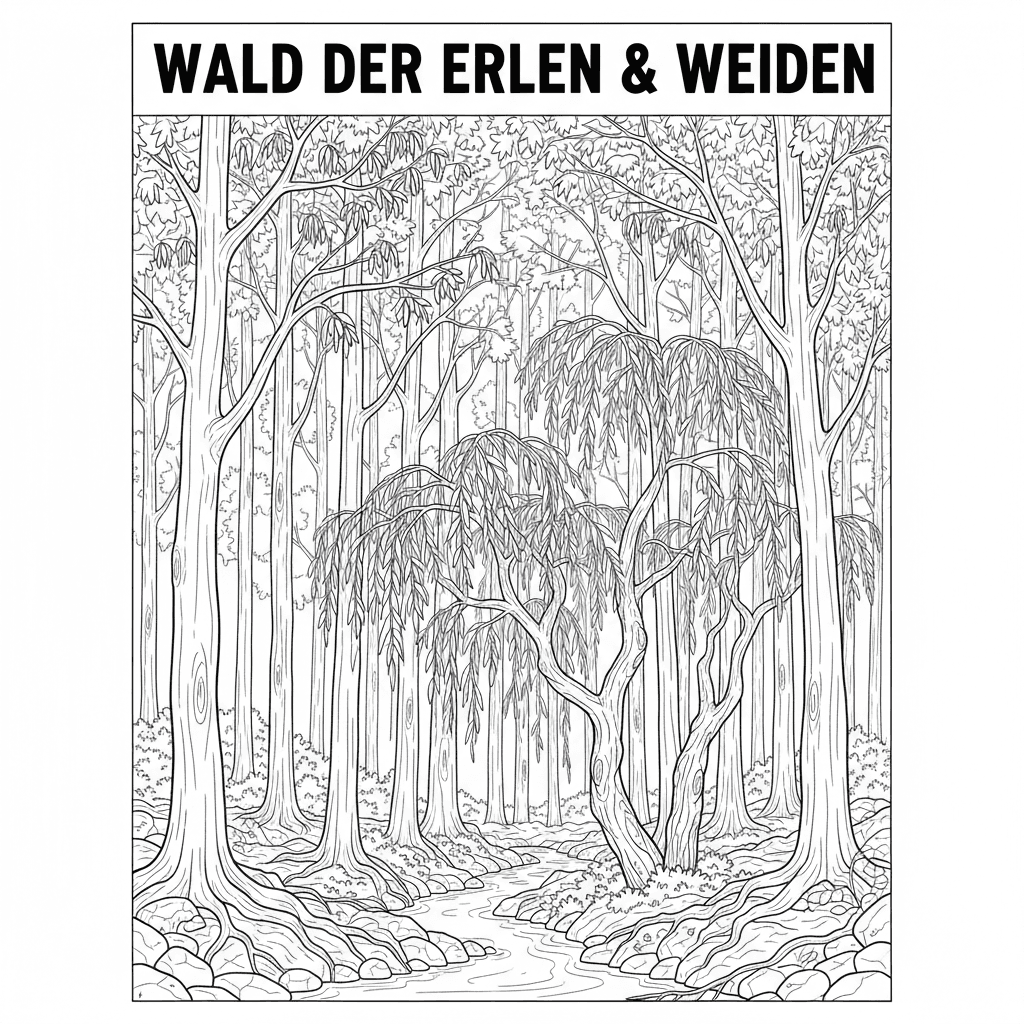 Wald hochkant auf ein plakat mit erlenbäumen und weidenbäumen.