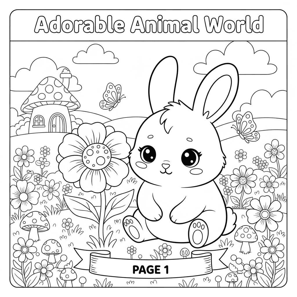 Create page 1 of a professional 20-page children's coloring book called 'Adorabl