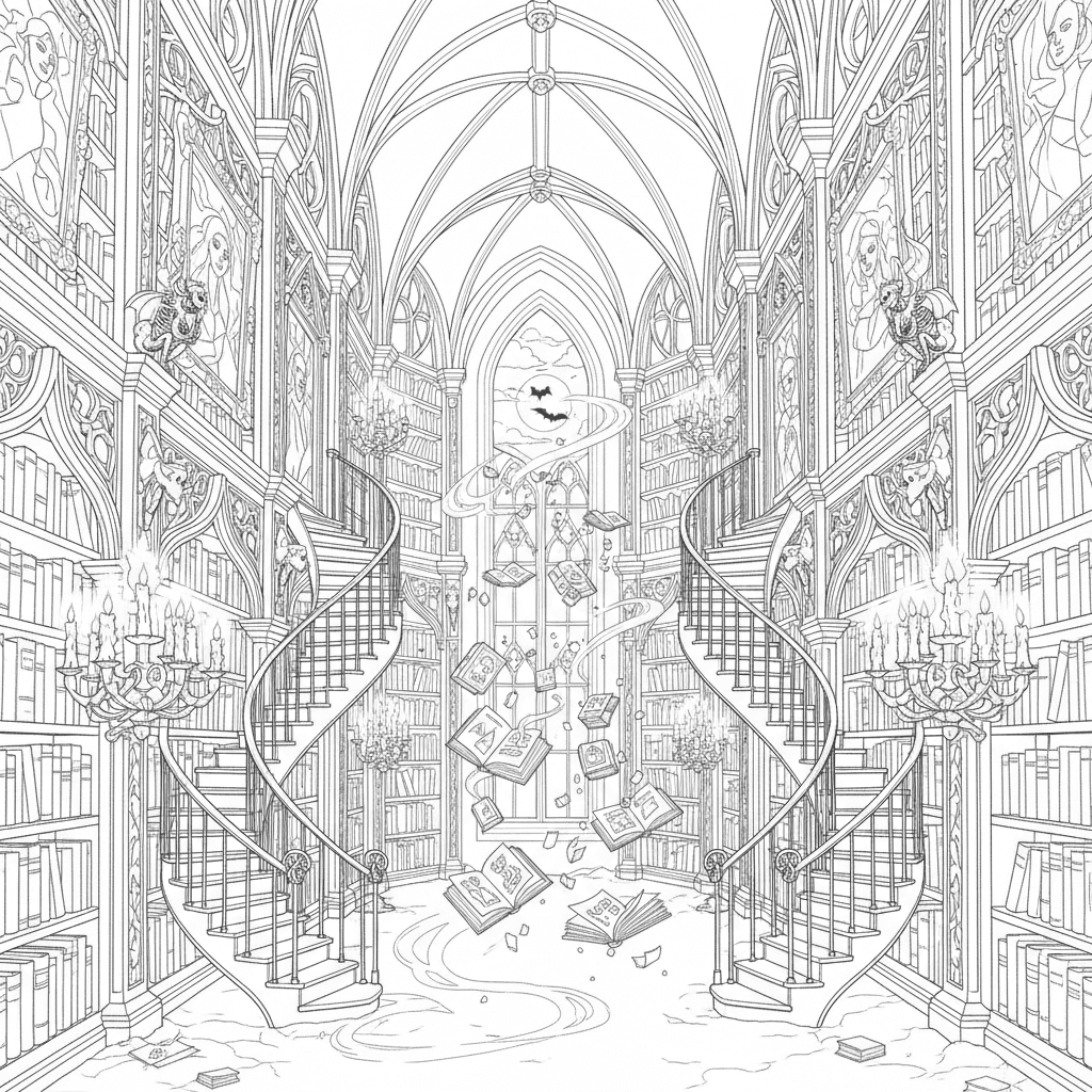 Haunted library Vast gothic library filled with towering bookshelves, spiral sta