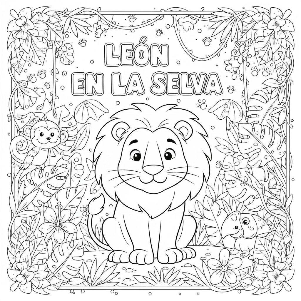 Leon en la selva, tierno y sonriente, estilo catoon imagen 8.5x11