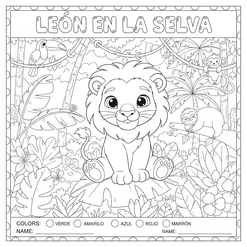 Leon en la selva, tierno y sonriente, estilo animado