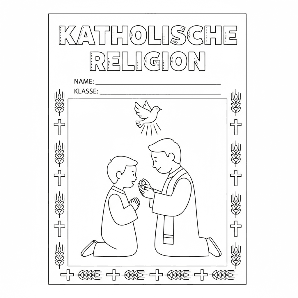 Erstelle ein Deckblatt für eine Religionsmappe, in der Kinder auch Name und Klas