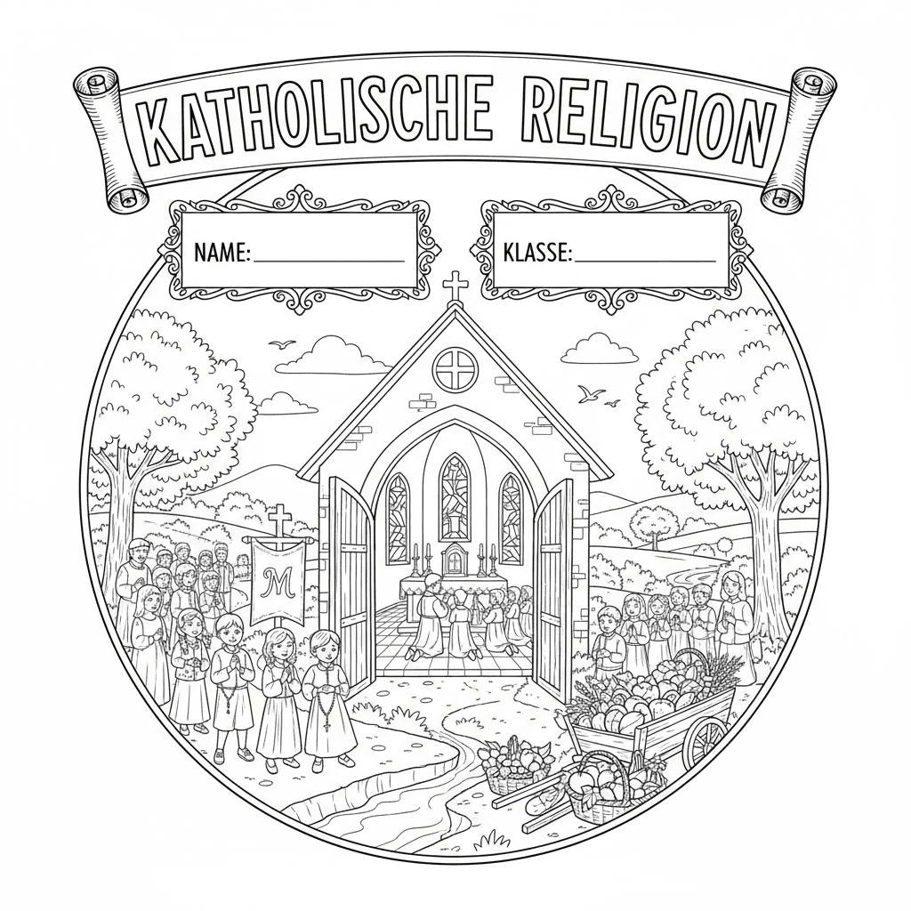Erstelle ein Deckblatt für eine Religionsmappe, in der Kinder auch Name & Klasse