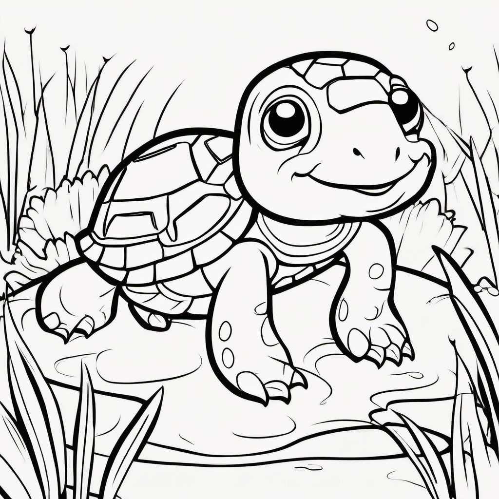 Cute baby turtle standing happily beside a simple pond, rounded shell with large