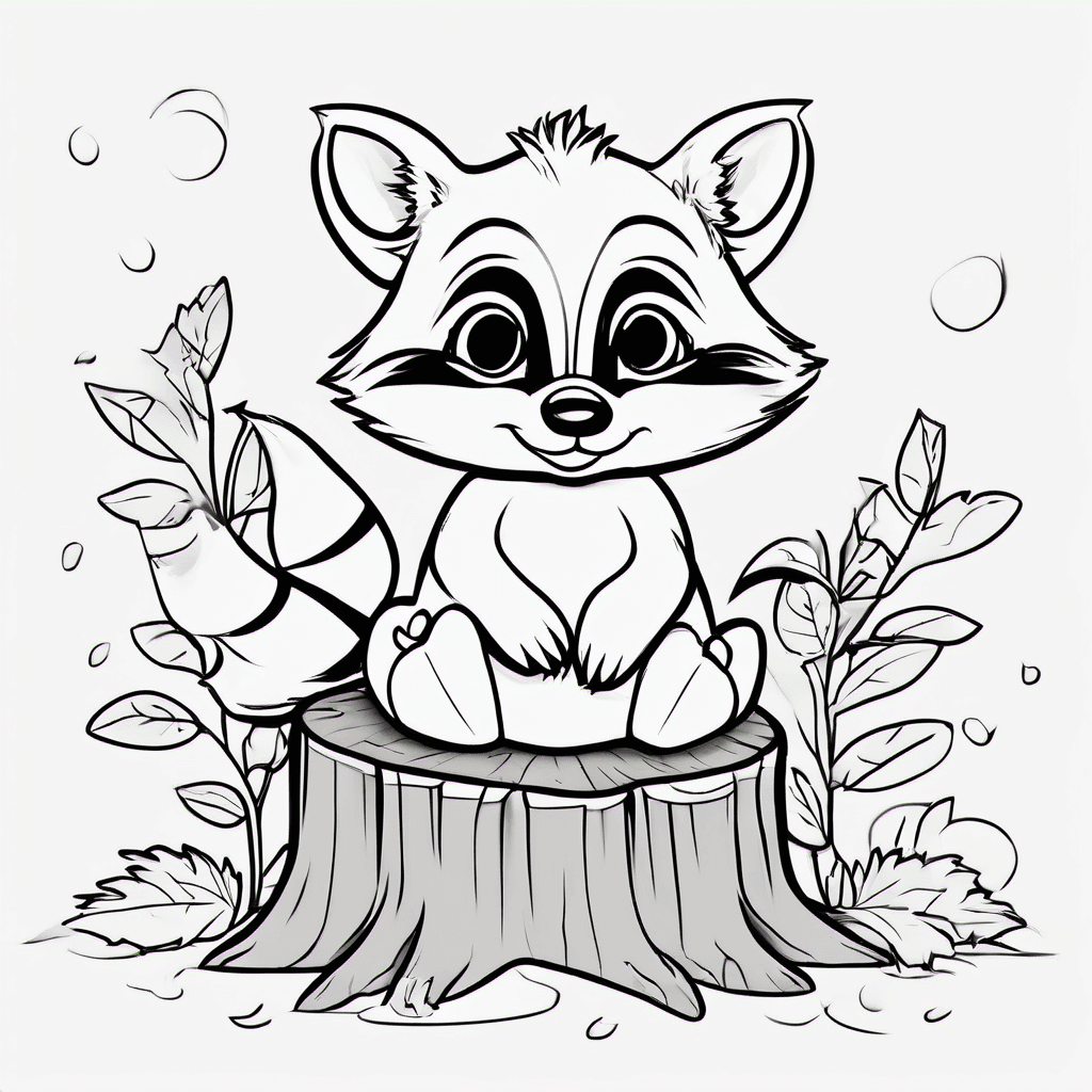 Cute baby raccoon sitting beside a small tree stump, holding a tiny apple with b