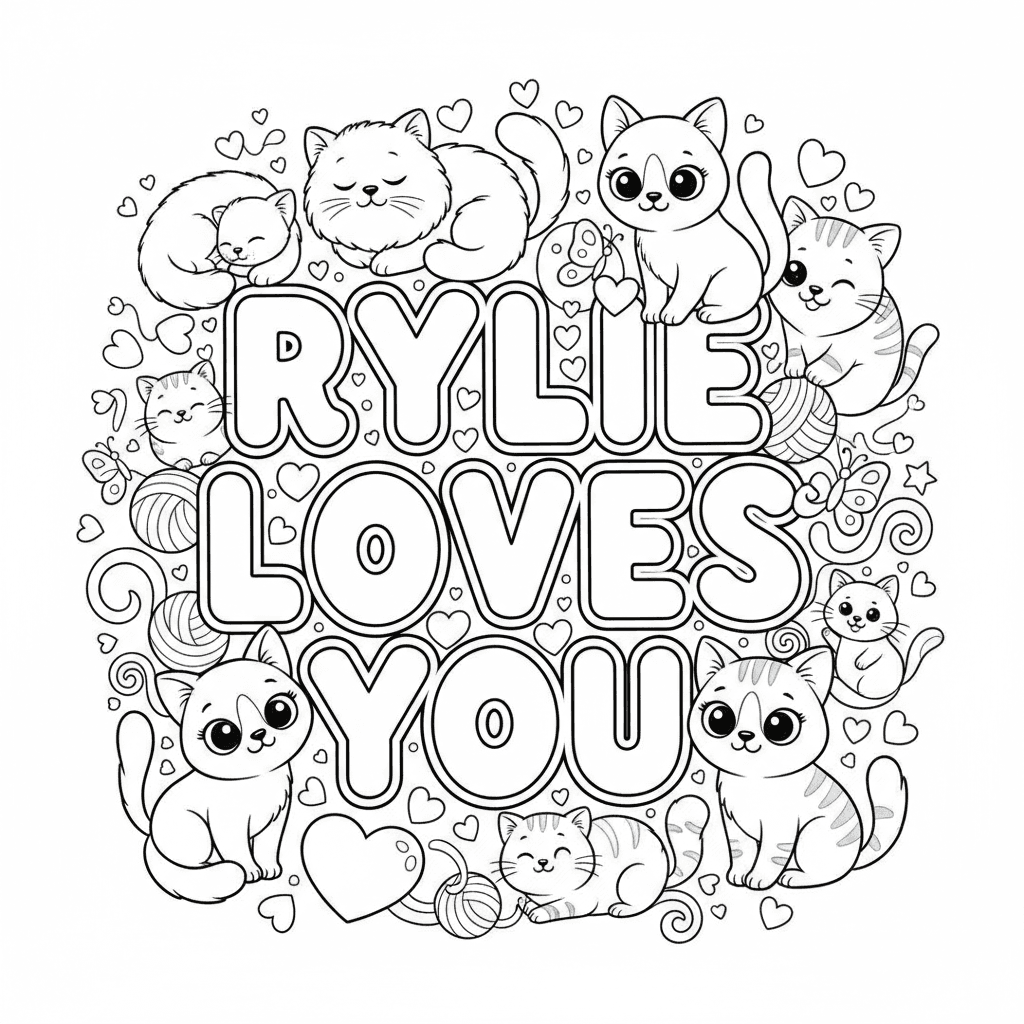 Can you draw me a cute picture to color that says Rylie loves you in bubble lett