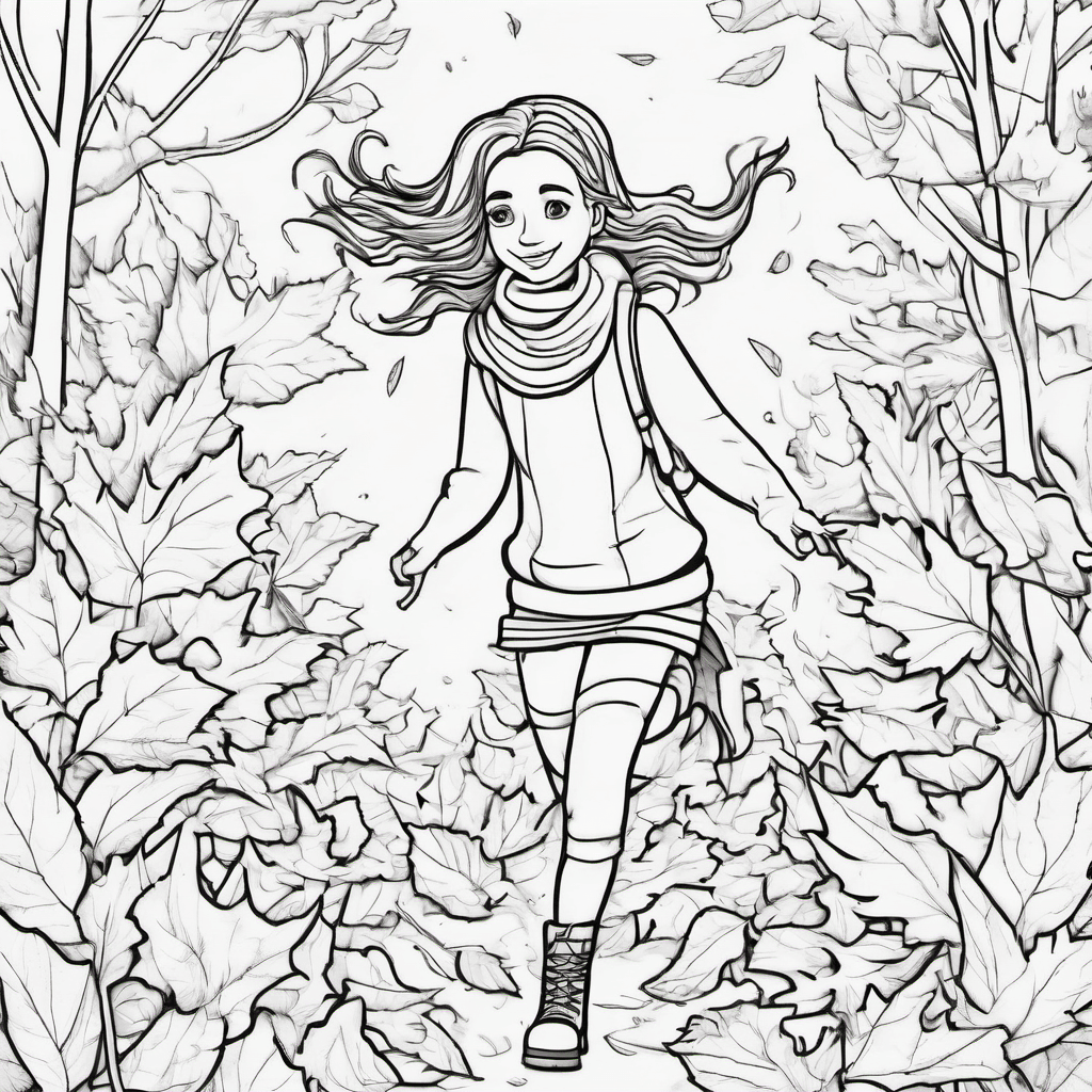 A girl wearing a scarf and boots while jumping into leaf piles Make the girl's f