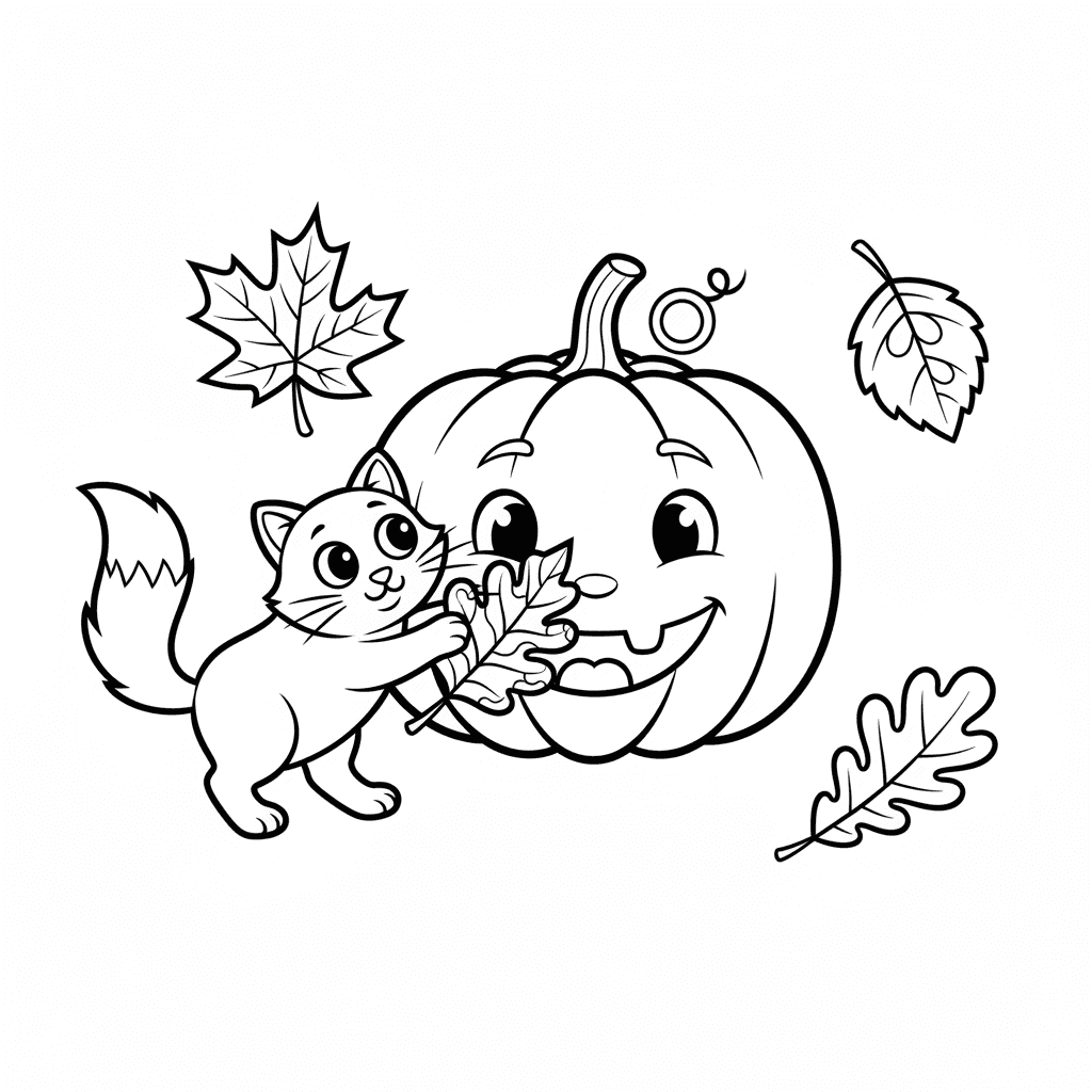 Simple pumpkin with a few fall leaves playing with a cat