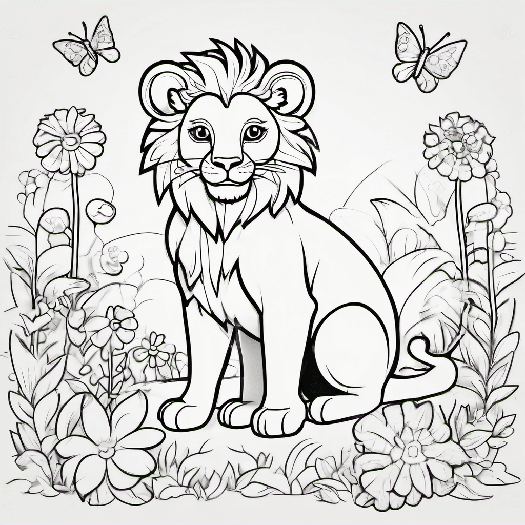 Black and white coloring book page for kids: a cute baby lion sitting in a garde