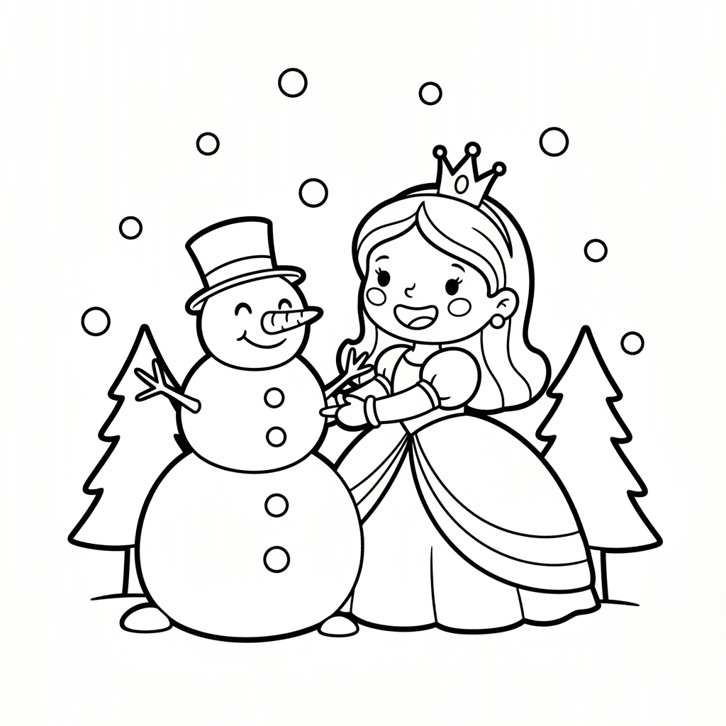 Cute Princess building a snowman, children's coloring book page, adorable fairy 
