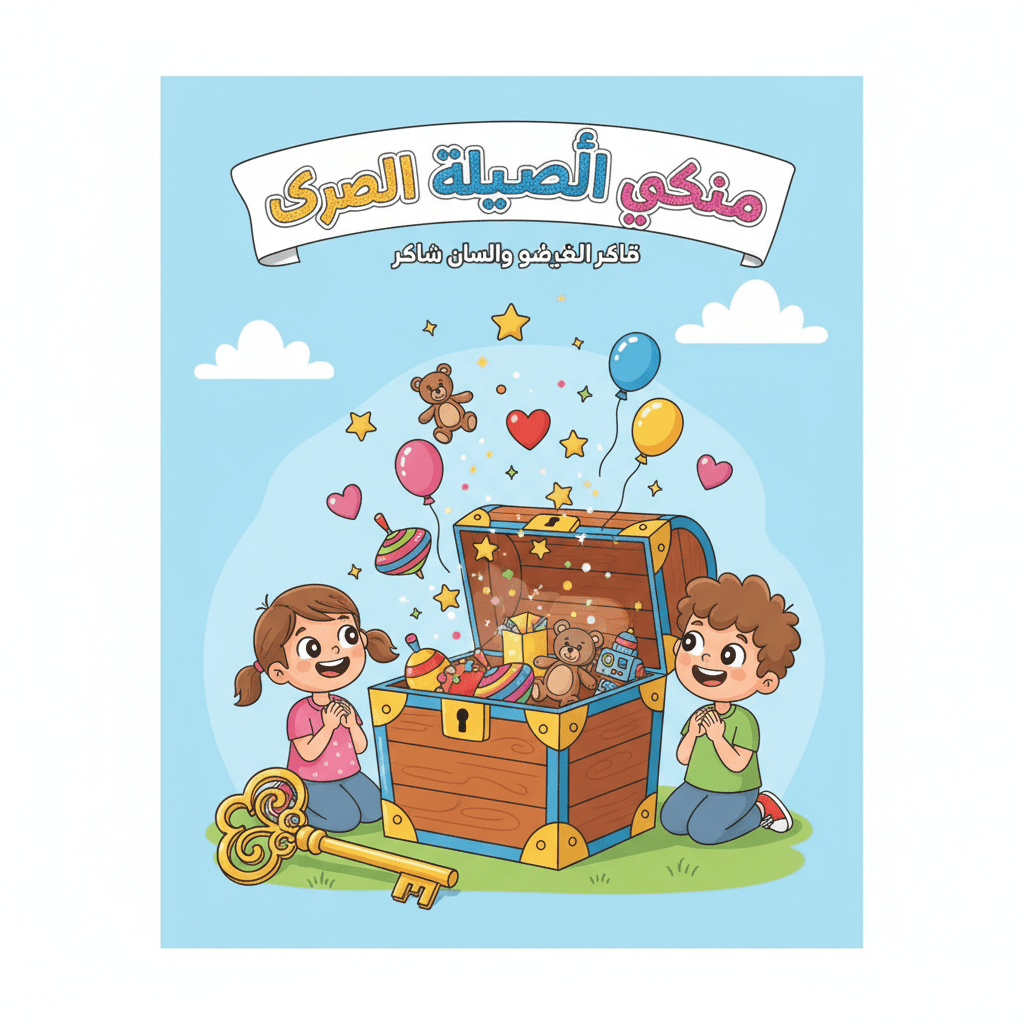 * صندوق مفتوح قليلًا، وتخرج منه نجوم وقلوب وبالونات وألعاب. * بجانبه مفتاح كبير 