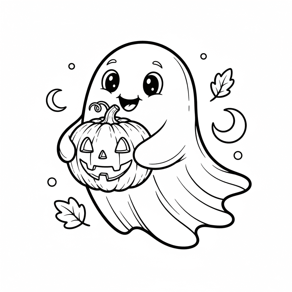 A friendly little ghost with a pumpkin