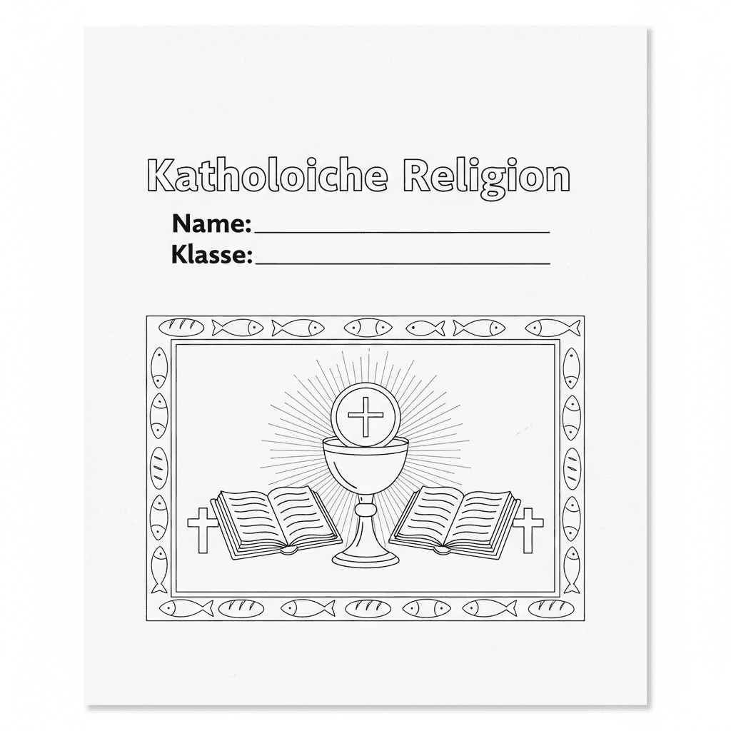 Erstelle ein Deckblatt für eine Religionsmappe, in der Kinder auch Name und Klas