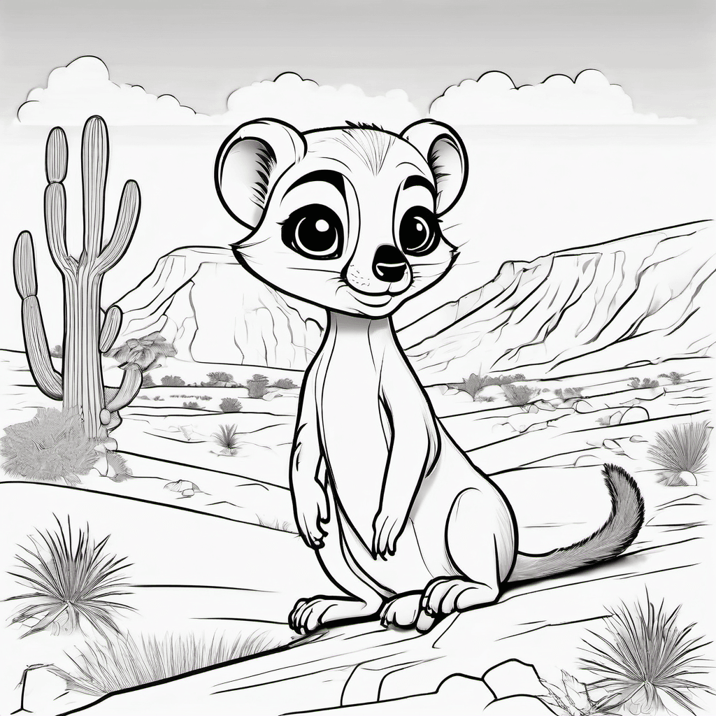 Cute baby meerkat standing happily in a simple desert landscape, small rounded b
