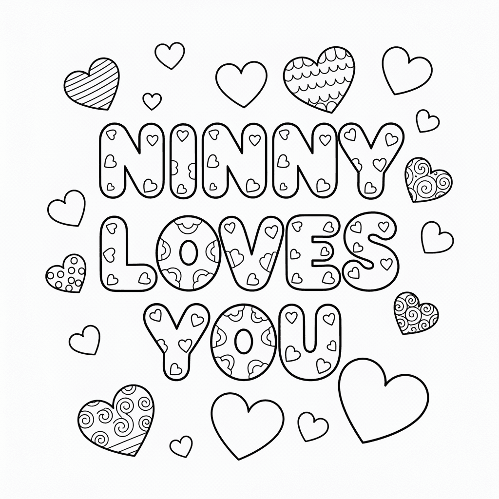 In bubble letters cute font Ninny Loves you with hearts all over the page