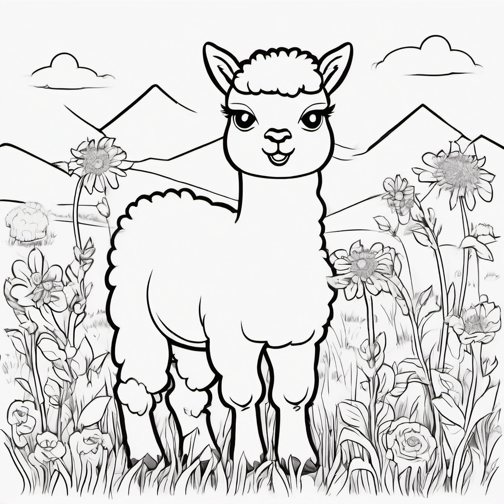 Cute baby alpaca standing happily in a small flower meadow, fluffy wool, big fri