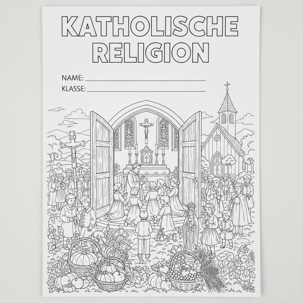 Erstelle ein Deckblatt für eine Religionsmappe, in der Kinder auch Name & Klasse