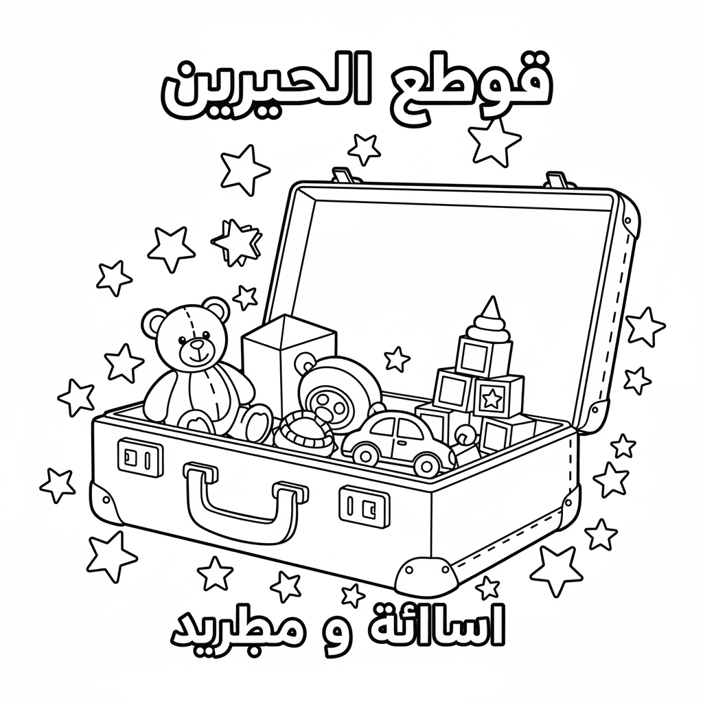 حقيبة سفر مفتوحة وبداخلها ألعاب ونجوم، خطوط سوداء عريضة ومساحات كبيرة للتلوين