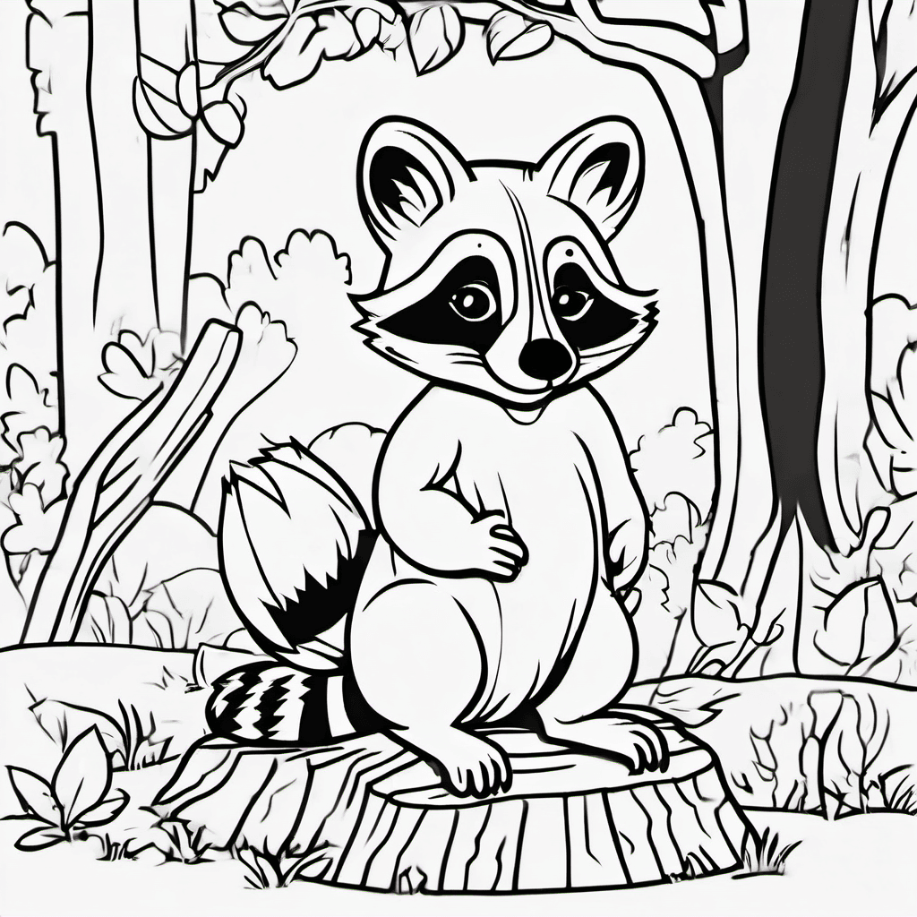 Cute baby raccoon sitting beside a small tree stump, holding a tiny apple with b