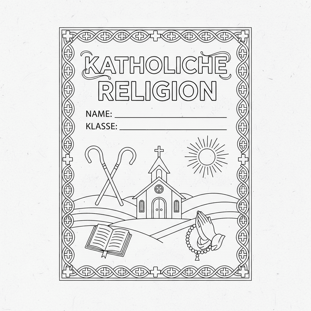 Erstelle ein Deckblatt für eine Religionsmappe, in der Kinder auch Name und Klas