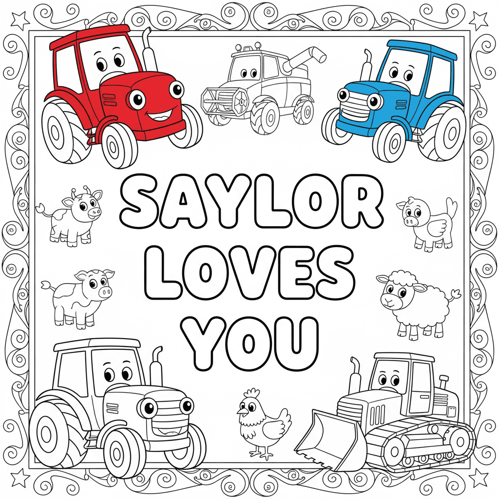 Draw me a coloring page for a 3-year-old with Saylor loves you in bubble letters