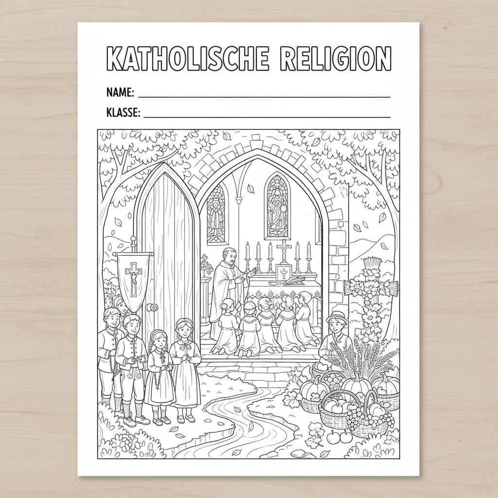 Erstelle ein Deckblatt für eine Religionsmappe, in der Kinder auch Name & Klasse