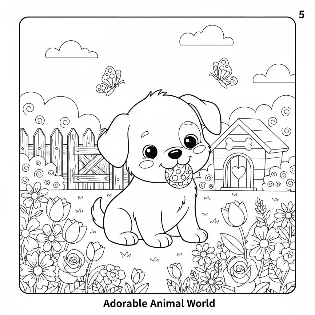Create page 5 of a professional 20-page children's coloring book called 'Adorabl