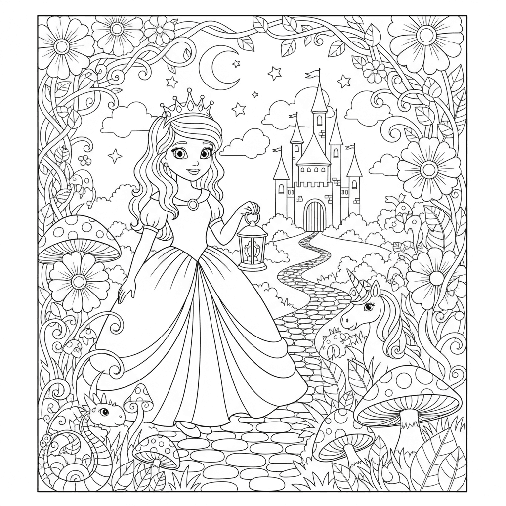 Princess exploring an enchanted garden, children's coloring book page, adorable 