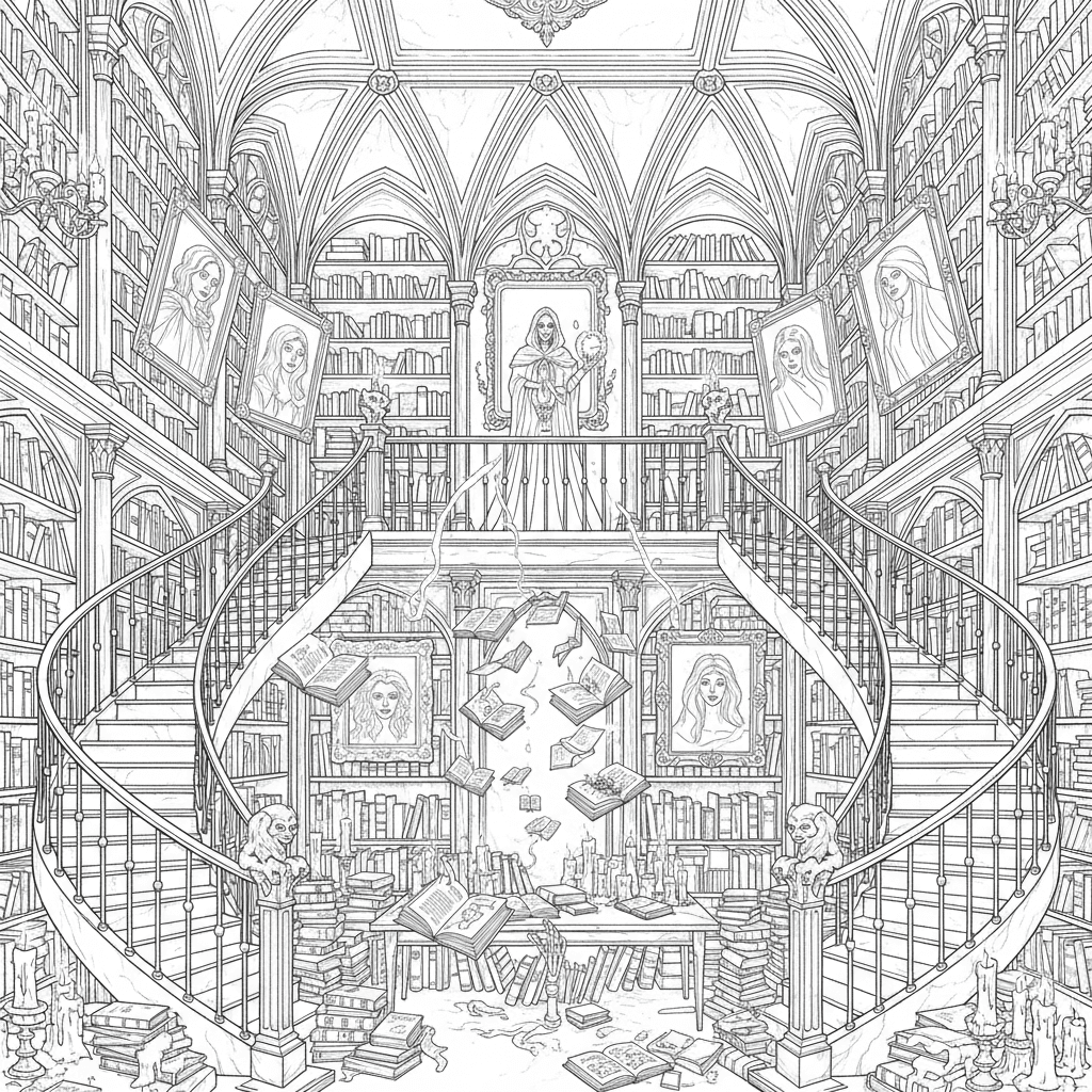 Haunted library Vast gothic library filled with towering bookshelves, spiral sta
