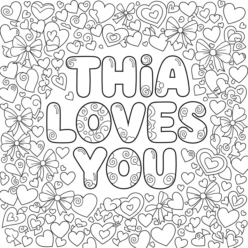 Draw me a coloring page for a 11-year-old with Thia loves you in bubble letters
