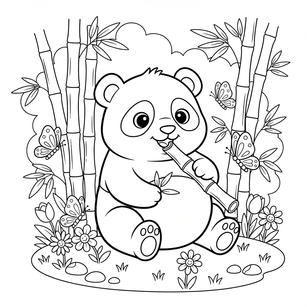 Create a cute children's coloring book page featuring an adorable little panda s