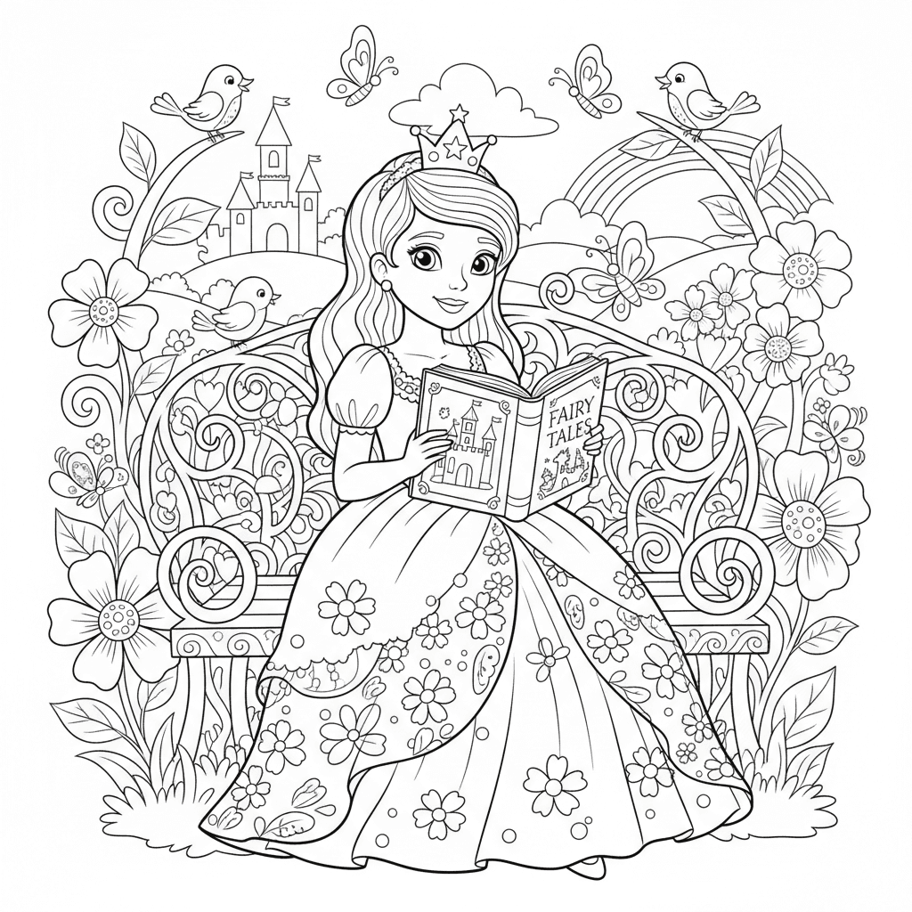 Cute Princess reading a fairy tale book in the beautiful garden, children's colo