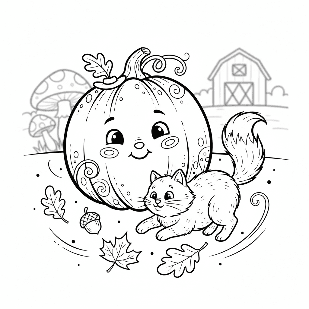 Cute pumpkin with a few fall leaves playing with a cat